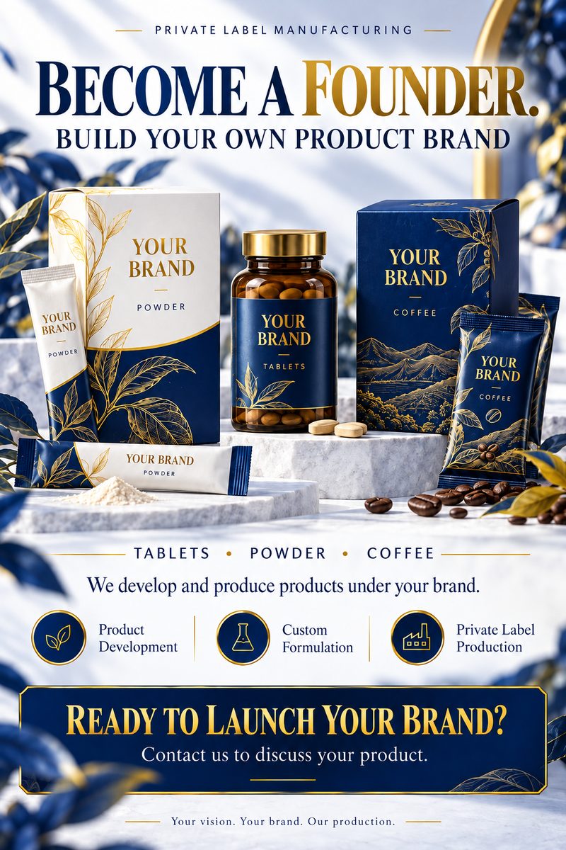 Own-brand packaging for tablets, powder and coffee, each marked Your Brand