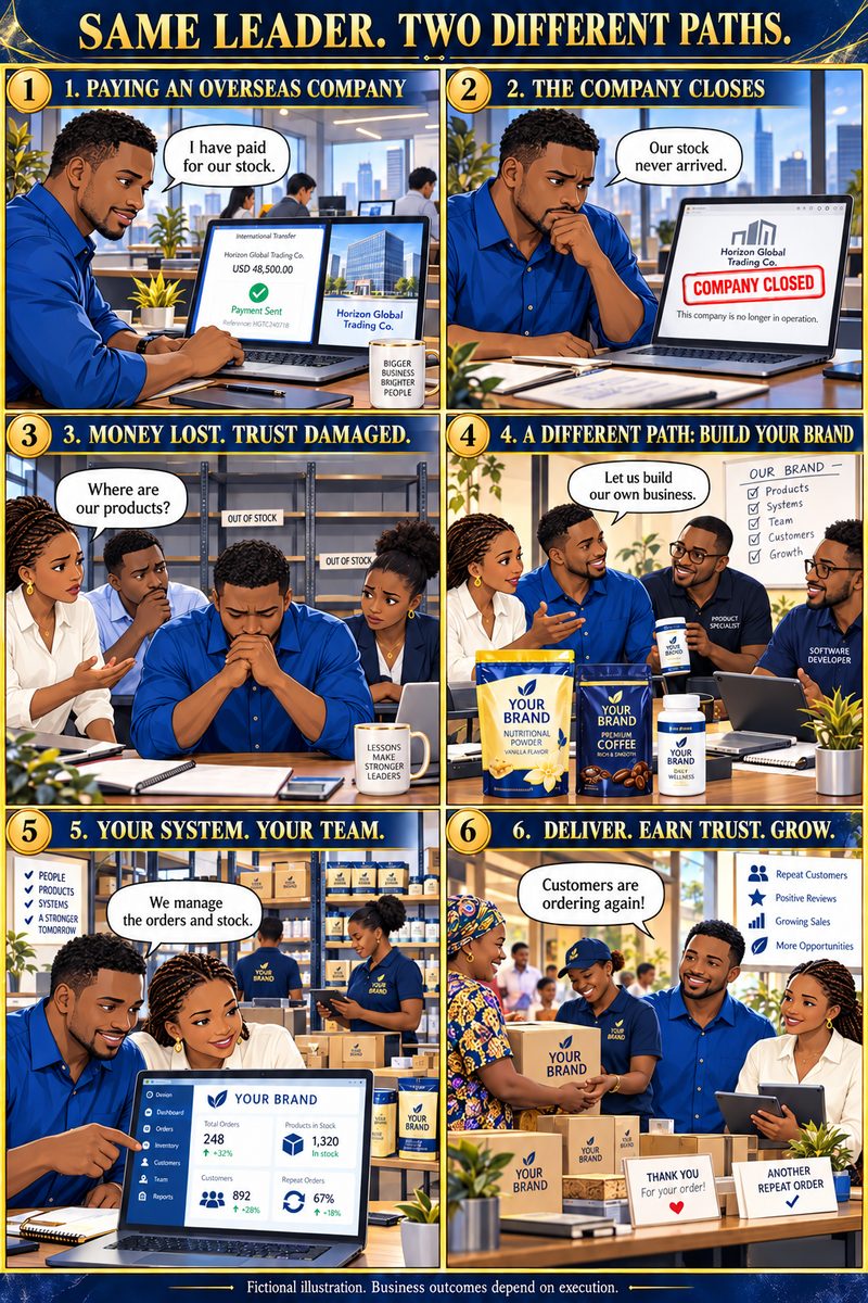 Six-panel story, same leader two different paths: paying an overseas company, the company closes, money lost and trust damaged, then a different path of building your own brand, your system and your team, and delivering to earn trust and grow