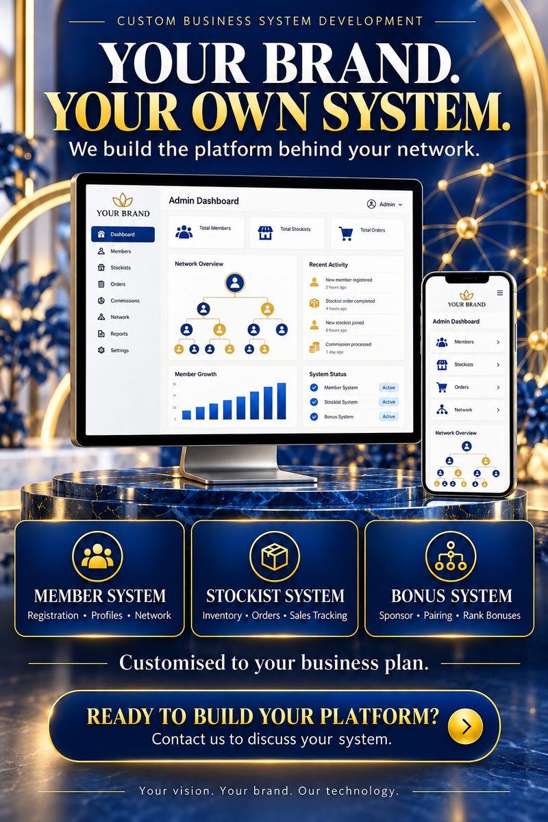 Admin dashboard for your own brand: members, stockists, orders and network overview on a laptop and phone